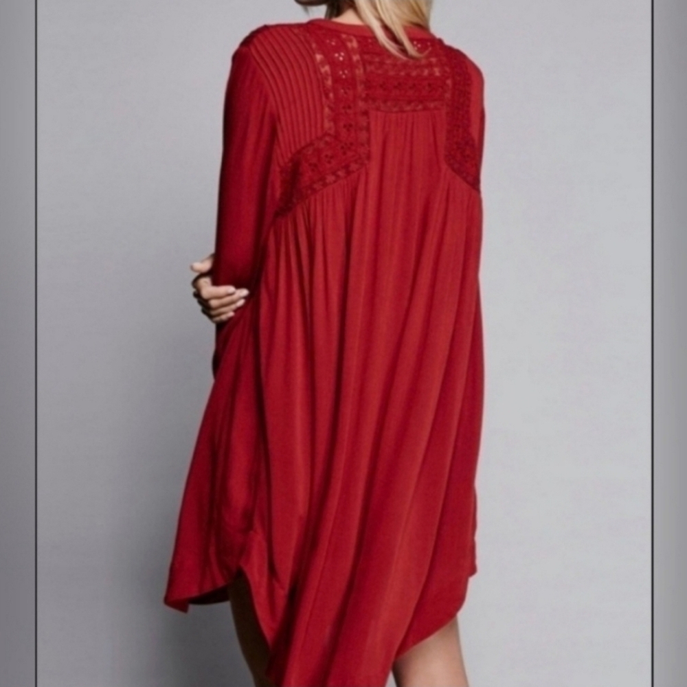 Free People Courtney Victorian Shirt Dress Eyelet Lace Yoke High Low Boho M - Picture 3 of 6